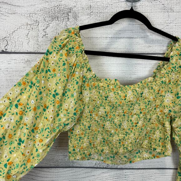 Aerie Women's Green Floral Long Sleeve Crop Blouse Size Medium - Picture 7 of 7